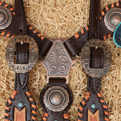 MOUSM Western Headstall and Breast Collar Set for Horse - Decorated with Southwest Hand Carving, Buck Stitching &amp; Surrounded with Nickel Hardware