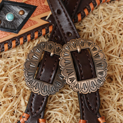 MOUSM Western Headstall and Breast Collar Set for Horse - Decorated with Southwest Hand Carving, Buck Stitching &amp; Surrounded with Nickel Hardware