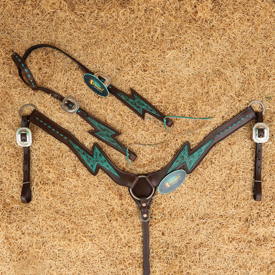 MOUSM  Western Horse Bridle and Breast Collar Tack Set - Decorated with Turquoise Thunderbolt Carving &amp; Buck Stitching