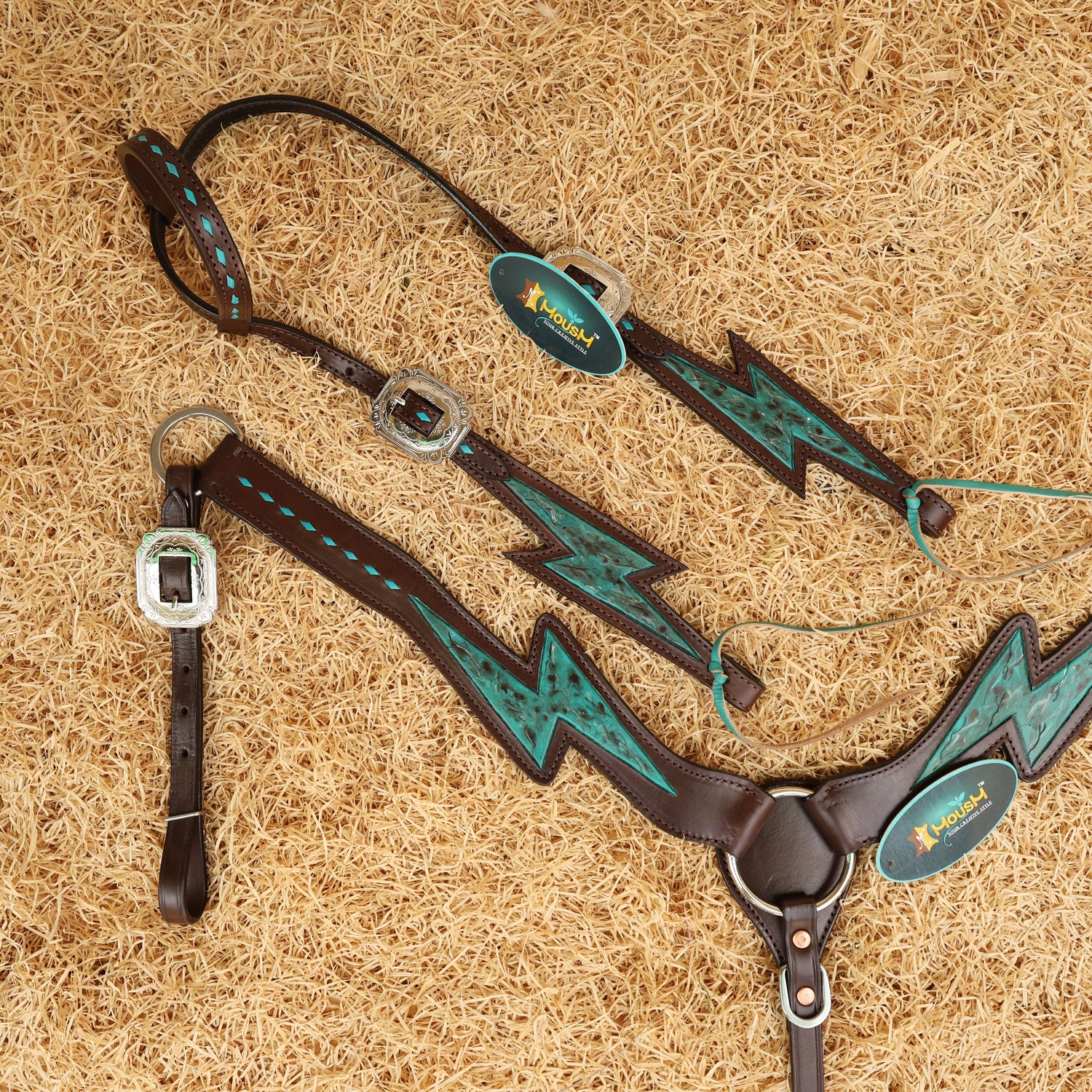 MOUSM  Western Horse Bridle and Breast Collar Tack Set - Decorated with Turquoise Thunderbolt Carving &amp; Buck Stitching