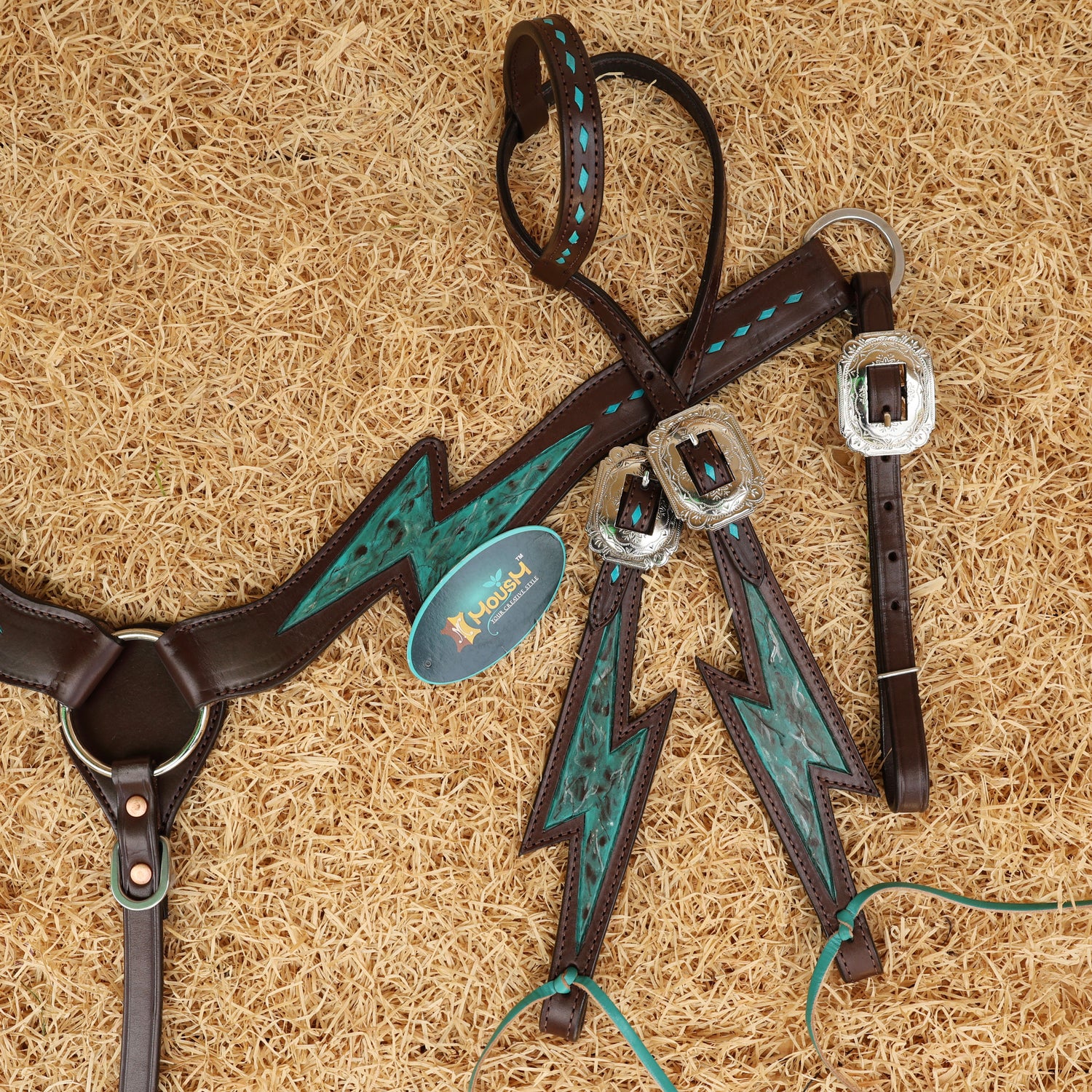 MOUSM  Western Horse Bridle and Breast Collar Tack Set - Decorated with Turquoise Thunderbolt Carving &amp; Buck Stitching