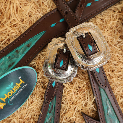 MOUSM  Western Horse Bridle and Breast Collar Tack Set - Decorated with Turquoise Thunderbolt Carving &amp; Buck Stitching