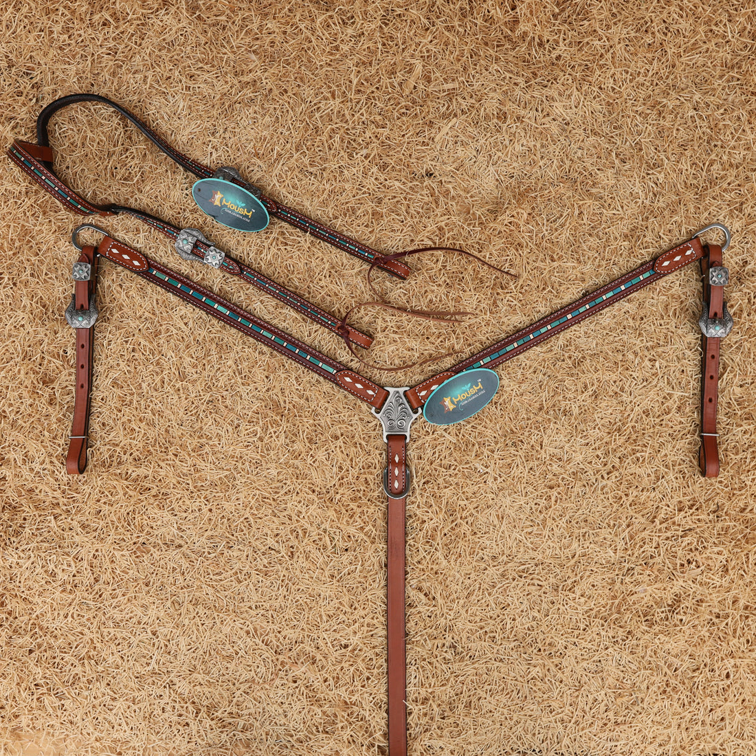 MOUSM Western Leather Headstall and Breast Collar Set – Decorated with Hand-Striped Tooled with Turquoise Coloring &amp; Buck Stitching