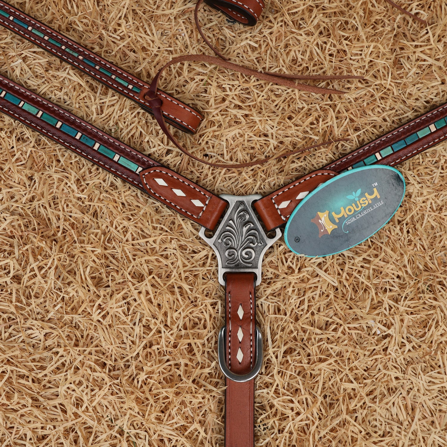 MOUSM Western Leather Headstall and Breast Collar Set – Decorated with Hand-Striped Tooled with Turquoise Coloring &amp; Buck Stitching