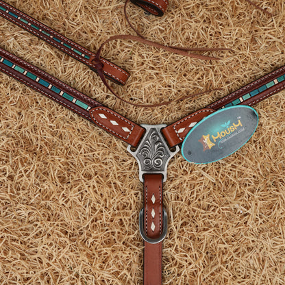 MOUSM Western Leather Headstall and Breast Collar Set – Decorated with Hand-Striped Tooled with Turquoise Coloring &amp; Buck Stitching