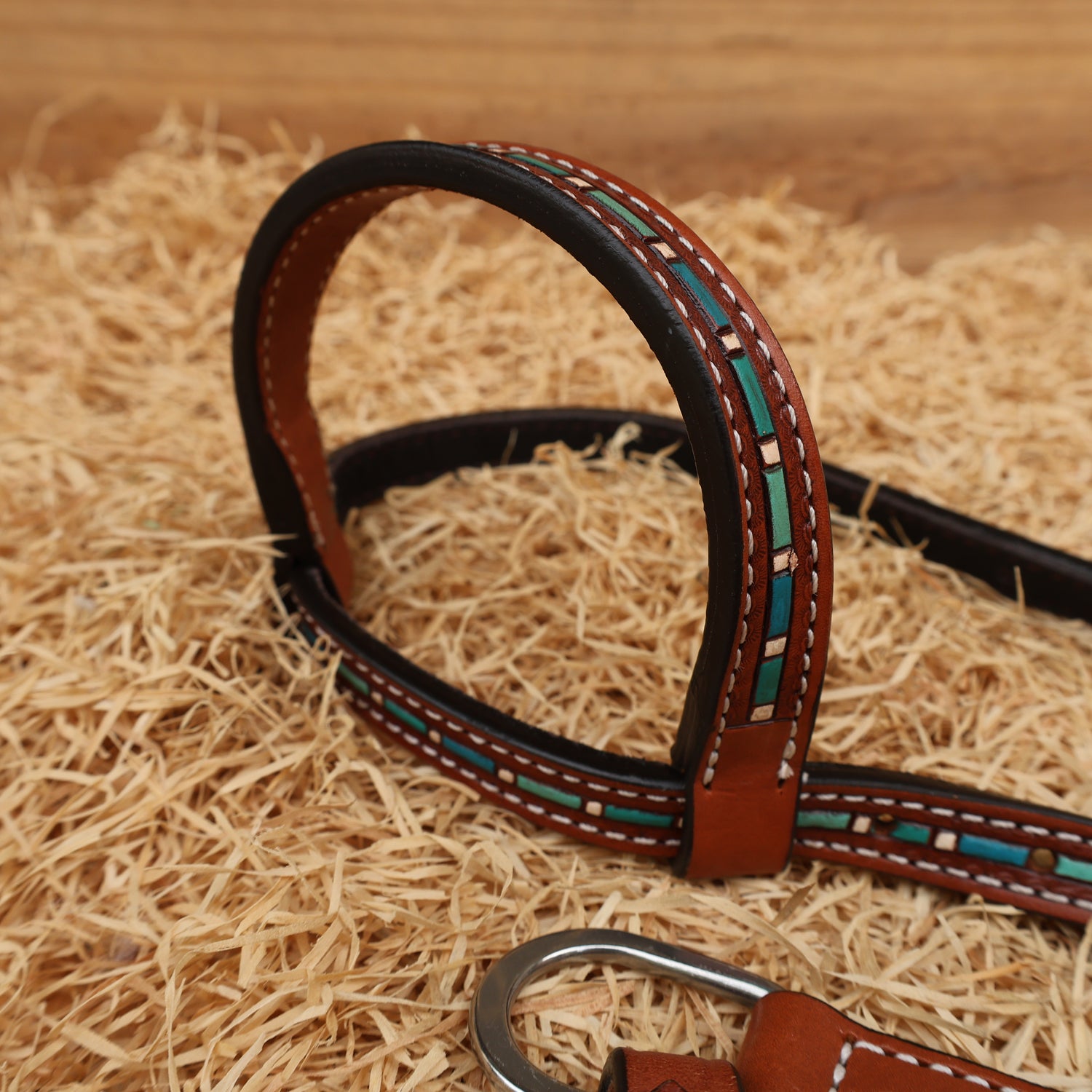 MOUSM Western Leather Headstall and Breast Collar Set – Decorated with Hand-Striped Tooled with Turquoise Coloring &amp; Buck Stitching
