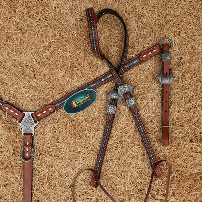 MOUSM Western Leather Headstall and Breast Collar Set – Decorated with Hand-Striped Tooled with Turquoise Coloring &amp; Buck Stitching