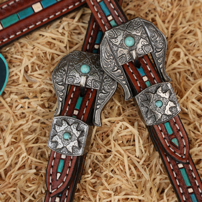 MOUSM Western Leather Headstall and Breast Collar Set – Decorated with Hand-Striped Tooled with Turquoise Coloring &amp; Buck Stitching