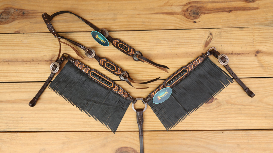 MOUSM Western Leather Headstall and Breast Collar Set – Decotrated Geometrical Carving with Copper &amp; Nickel Studs, Brown Leather Fringe &amp; String Concho