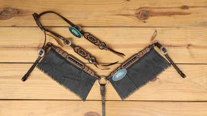 MOUSM Western Leather Headstall and Breast Collar Set – Decotrated Geometrical Carving with Copper &amp; Nickel Studs, Brown Leather Fringe &amp; String Concho
