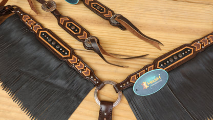 MOUSM Western Leather Headstall and Breast Collar Set – Decotrated Geometrical Carving with Copper &amp; Nickel Studs, Brown Leather Fringe &amp; String Concho