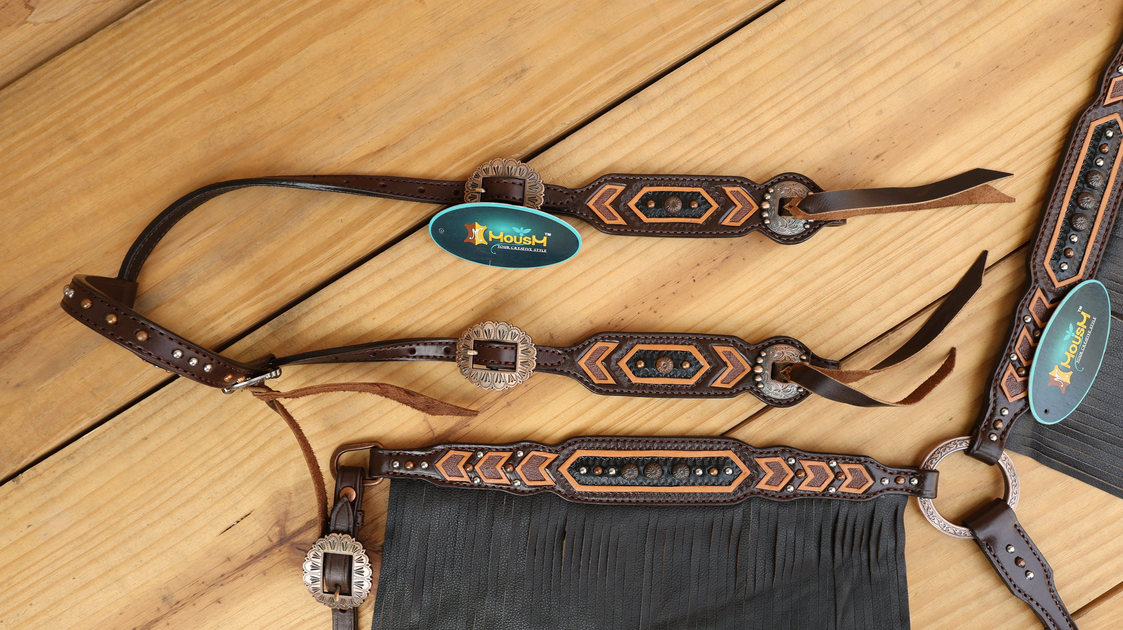 MOUSM Western Leather Headstall and Breast Collar Set – Decotrated Geometrical Carving with Copper &amp; Nickel Studs, Brown Leather Fringe &amp; String Concho