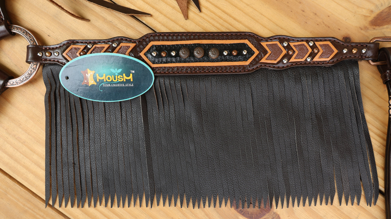 MOUSM Western Leather Headstall and Breast Collar Set – Decotrated Geometrical Carving with Copper &amp; Nickel Studs, Brown Leather Fringe &amp; String Concho