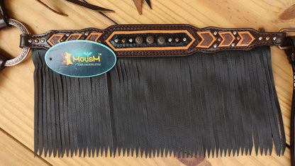 MOUSM Western Leather Headstall and Breast Collar Set – Decotrated Geometrical Carving with Copper &amp; Nickel Studs, Brown Leather Fringe &amp; String Concho