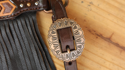 MOUSM Western Leather Headstall and Breast Collar Set – Decotrated Geometrical Carving with Copper &amp; Nickel Studs, Brown Leather Fringe &amp; String Concho