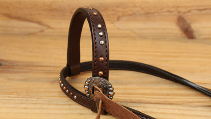 MOUSM Western Leather Headstall and Breast Collar Set – Decotrated Geometrical Carving with Copper &amp; Nickel Studs, Brown Leather Fringe &amp; String Concho