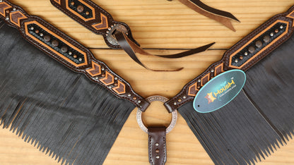 MOUSM Western Leather Headstall and Breast Collar Set – Decotrated Geometrical Carving with Copper &amp; Nickel Studs, Brown Leather Fringe &amp; String Concho