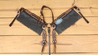 MOUSM Western Leather Headstall and Breast Collar Set – Decotrated Geometrical Carving with Copper &amp; Nickel Studs, Brown Leather Fringe &amp; String Concho