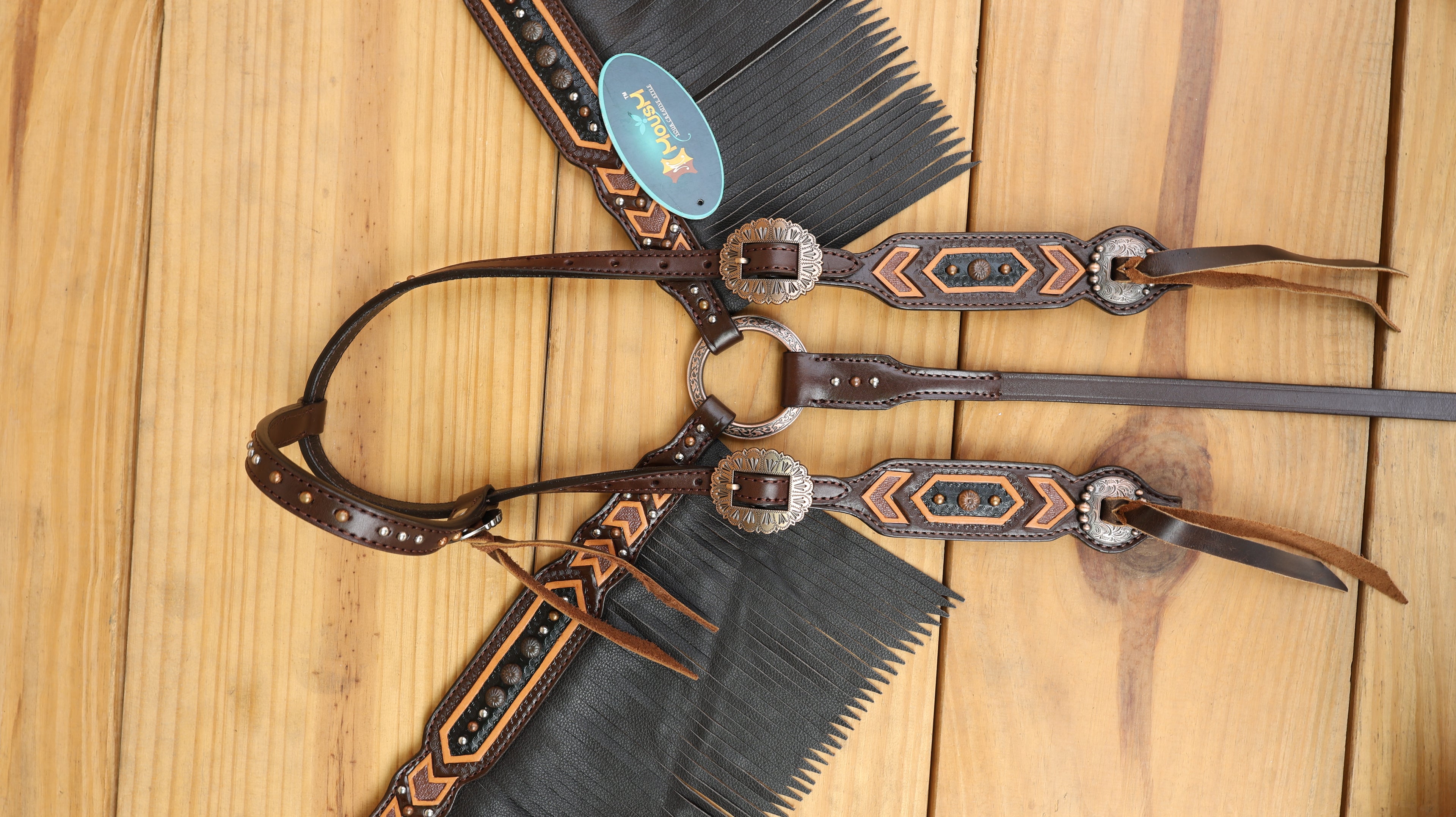 MOUSM Western Leather Headstall and Breast Collar Set – Decotrated Geometrical Carving with Copper &amp; Nickel Studs, Brown Leather Fringe &amp; String Concho