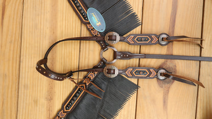 MOUSM Western Leather Headstall and Breast Collar Set – Decotrated Geometrical Carving with Copper &amp; Nickel Studs, Brown Leather Fringe &amp; String Concho