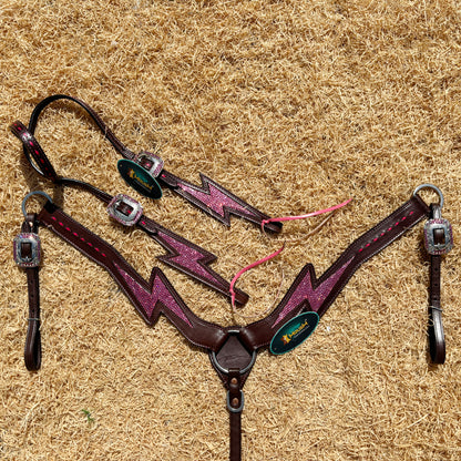 MOUSM Western Leather Headstall &amp; Breast Collar Set - Argentina Cow Leather Headstall Set Decorated with Pink Rhinestone Thunderbolt Design