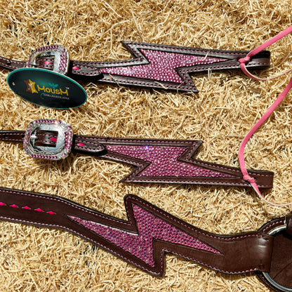 MOUSM Western Leather Headstall &amp; Breast Collar Set - Argentina Cow Leather Headstall Set Decorated with Pink Rhinestone Thunderbolt Design