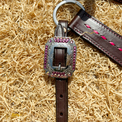 MOUSM Western Leather Headstall &amp; Breast Collar Set - Argentina Cow Leather Headstall Set Decorated with Pink Rhinestone Thunderbolt Design