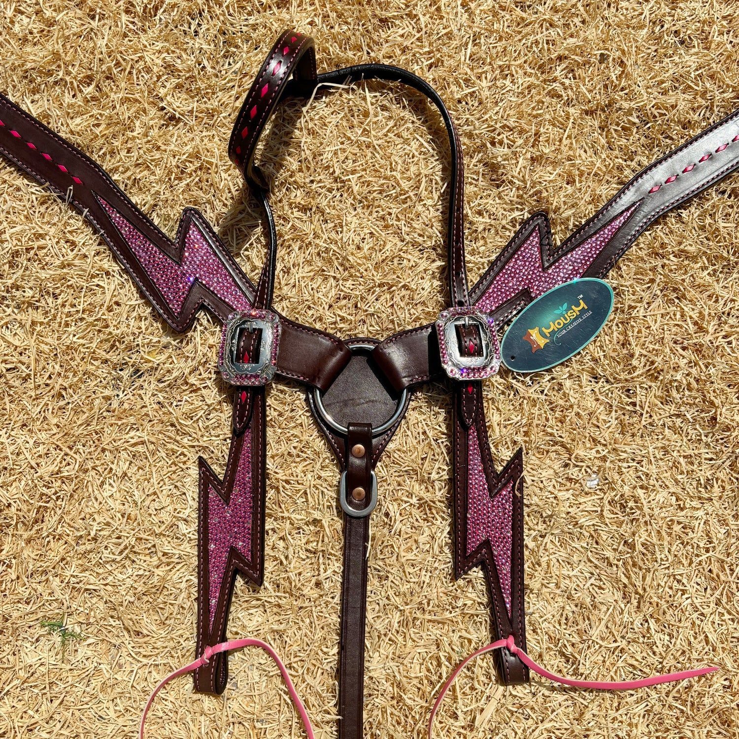 MOUSM Western Leather Headstall &amp; Breast Collar Set - Argentina Cow Leather Headstall Set Decorated with Pink Rhinestone Thunderbolt Design