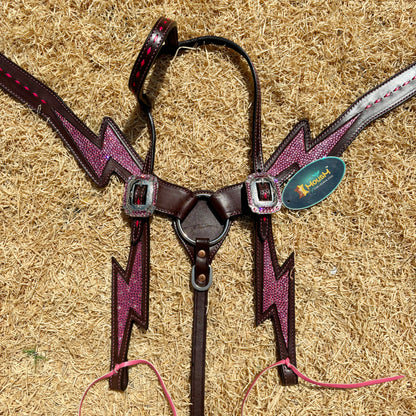 MOUSM Western Leather Headstall &amp; Breast Collar Set - Argentina Cow Leather Headstall Set Decorated with Pink Rhinestone Thunderbolt Design