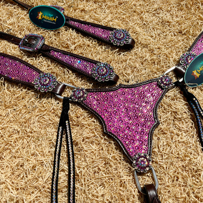 MOUSM Western Argentina Cow Leather Headstall &amp; Breast Collar Set – Decorated with Pink Rhinestones on Gladiator Design, Bling ON Strings &amp; Berry Conchos