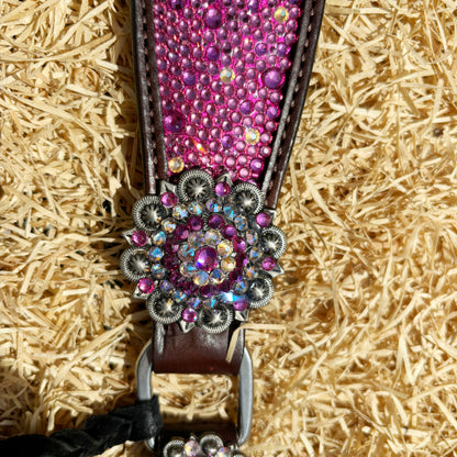 MOUSM Western Argentina Cow Leather Headstall &amp; Breast Collar Set – Decorated with Pink Rhinestones on Gladiator Design, Bling ON Strings &amp; Berry Conchos