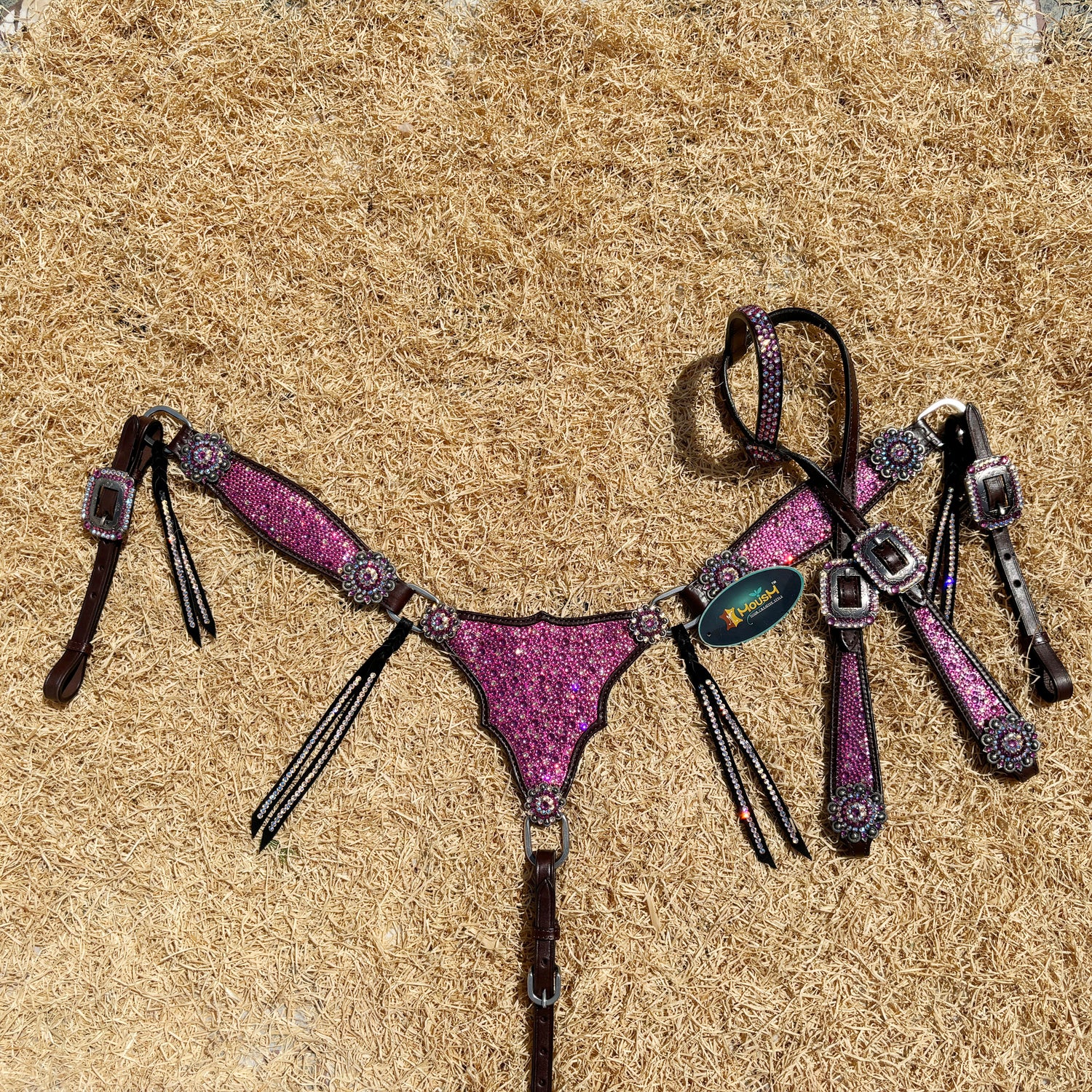 MOUSM Western Argentina Cow Leather Headstall &amp; Breast Collar Set – Decorated with Pink Rhinestones on Gladiator Design, Bling ON Strings &amp; Berry Conchos