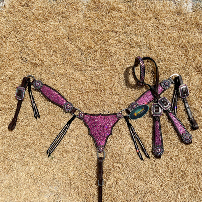 MOUSM Western Argentina Cow Leather Headstall &amp; Breast Collar Set – Decorated with Pink Rhinestones on Gladiator Design, Bling ON Strings &amp; Berry Conchos
