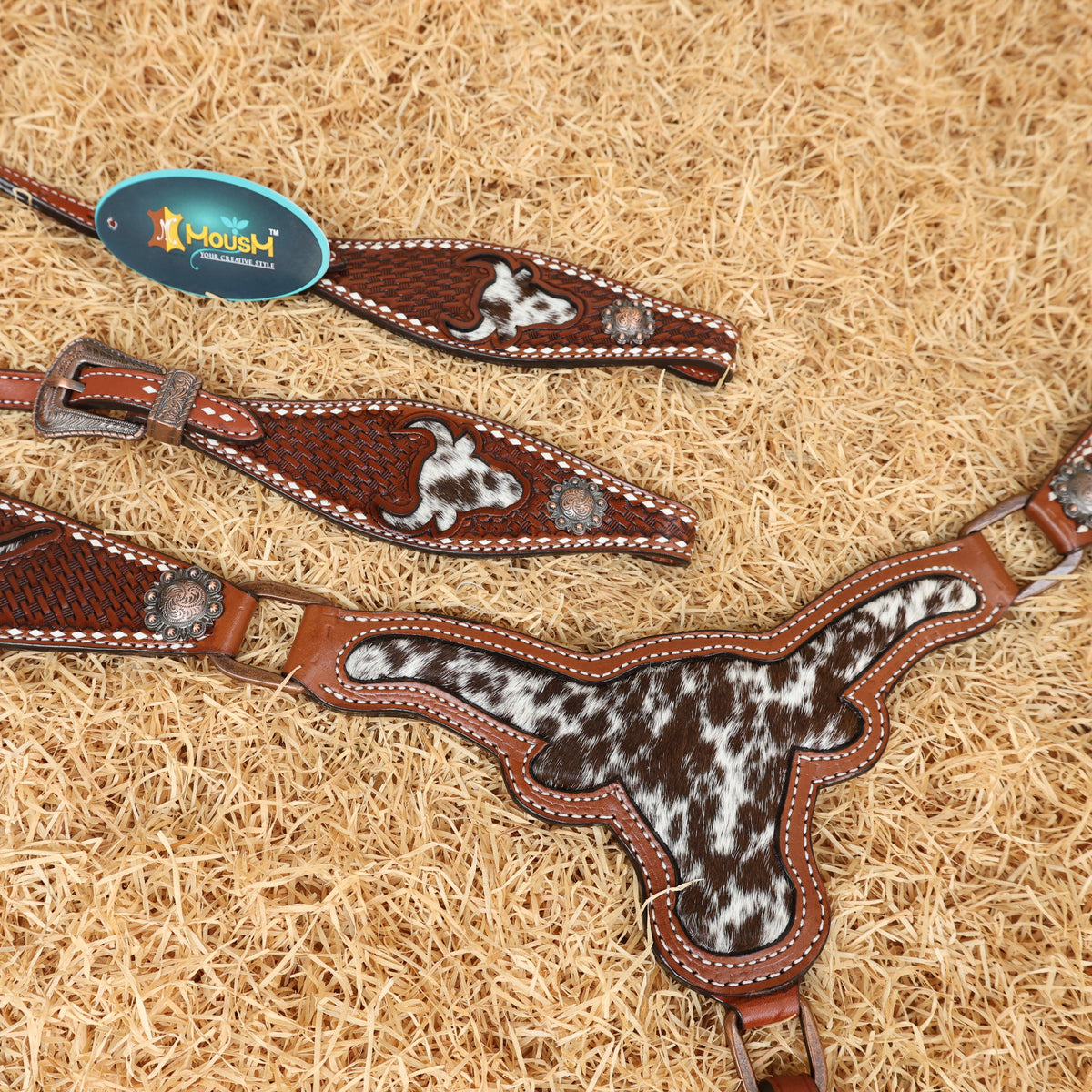Basket Tooling with Bull Head Cutout Western Horse Tack Set