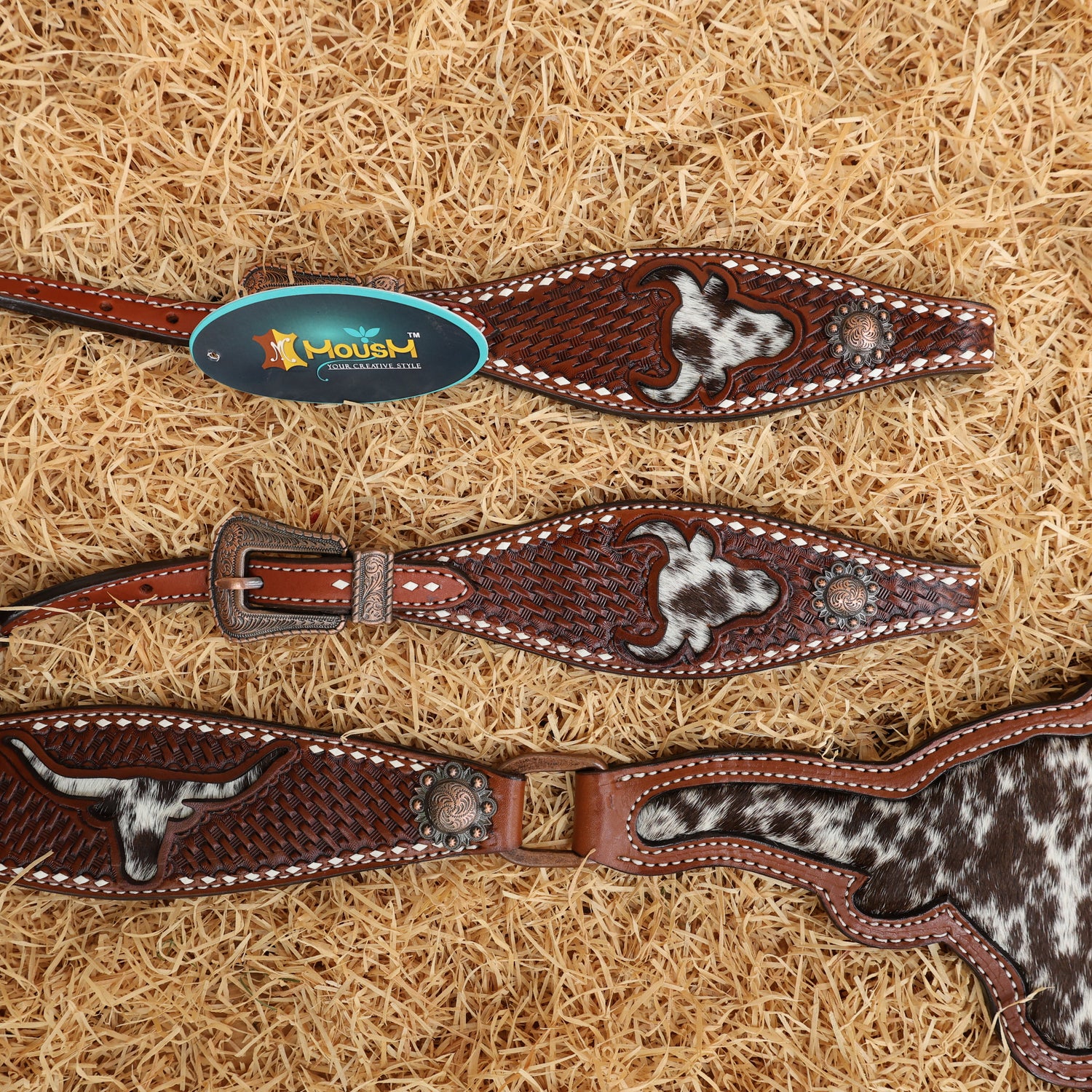 MOUSM Western Breast Collar and Headstall Set - Made from Argentina Cow Leather Horse Headstall Set Decorated with Basket Tooling with Bull Head Cutout &amp; Cowhide Inlay
