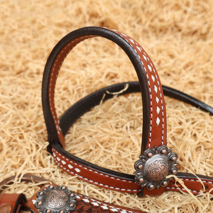 MOUSM Western Breast Collar and Headstall Set - Made from Argentina Cow Leather Horse Headstall Set Decorated with Basket Tooling with Bull Head Cutout &amp; Cowhide Inlay