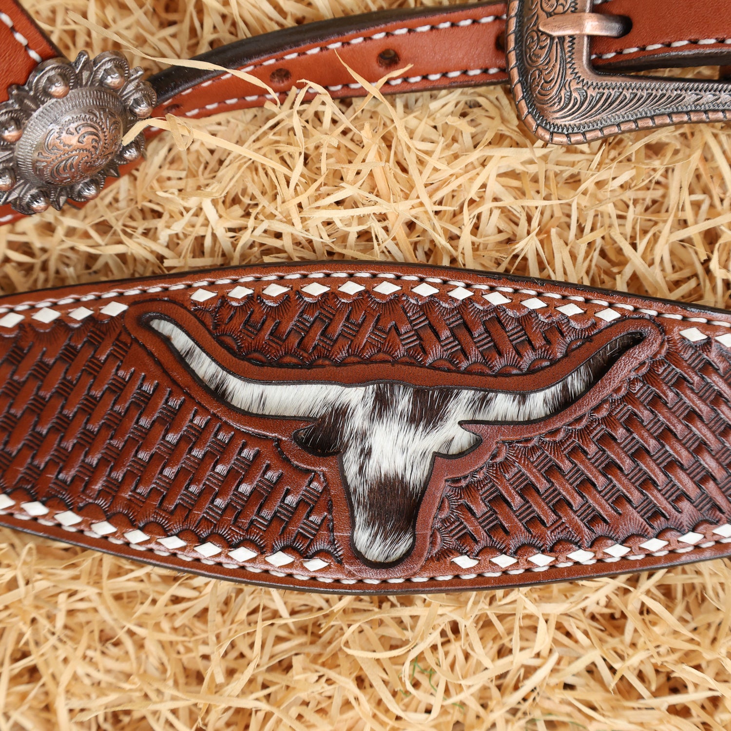 MOUSM Western Breast Collar and Headstall Set - Made from Argentina Cow Leather Horse Headstall Set Decorated with Basket Tooling with Bull Head Cutout &amp; Cowhide Inlay