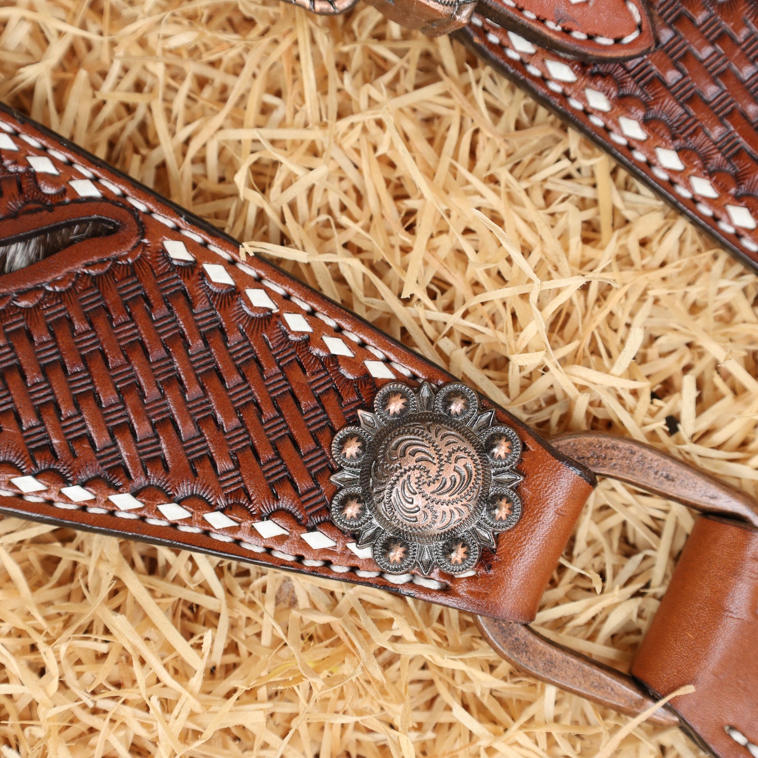 MOUSM Western Breast Collar and Headstall Set - Made from Argentina Cow Leather Horse Headstall Set Decorated with Basket Tooling with Bull Head Cutout &amp; Cowhide Inlay