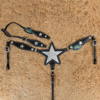 MOUSM Western Leather Headstall &amp; Breast Collar Set – Decorated with Sparkle Star Design with Silver Studs &amp; Clear Berry Conchos, Gladiator-Patterned Breast Collar with Star-Shaped Center and Sparkling Inlay
