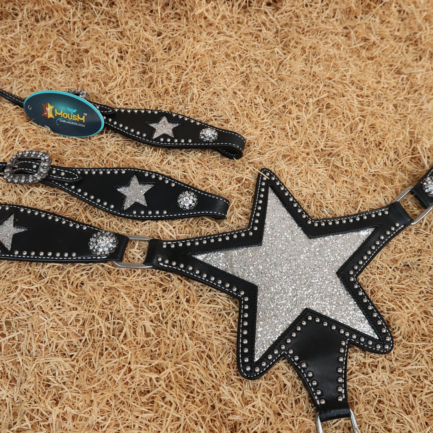 MOUSM Western Leather Headstall &amp; Breast Collar Set – Decorated with Sparkle Star Design with Silver Studs &amp; Clear Berry Conchos, Gladiator-Patterned Breast Collar with Star-Shaped Center and Sparkling Inlay