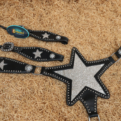 MOUSM Western Leather Headstall &amp; Breast Collar Set – Decorated with Sparkle Star Design with Silver Studs &amp; Clear Berry Conchos, Gladiator-Patterned Breast Collar with Star-Shaped Center and Sparkling Inlay