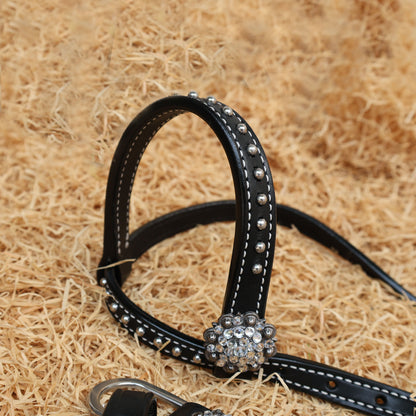 MOUSM Western Leather Headstall &amp; Breast Collar Set – Decorated with Sparkle Star Design with Silver Studs &amp; Clear Berry Conchos, Gladiator-Patterned Breast Collar with Star-Shaped Center and Sparkling Inlay