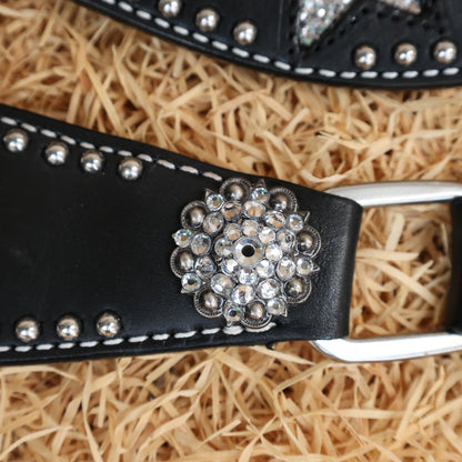 MOUSM Western Leather Headstall &amp; Breast Collar Set – Decorated with Sparkle Star Design with Silver Studs &amp; Clear Berry Conchos, Gladiator-Patterned Breast Collar with Star-Shaped Center and Sparkling Inlay
