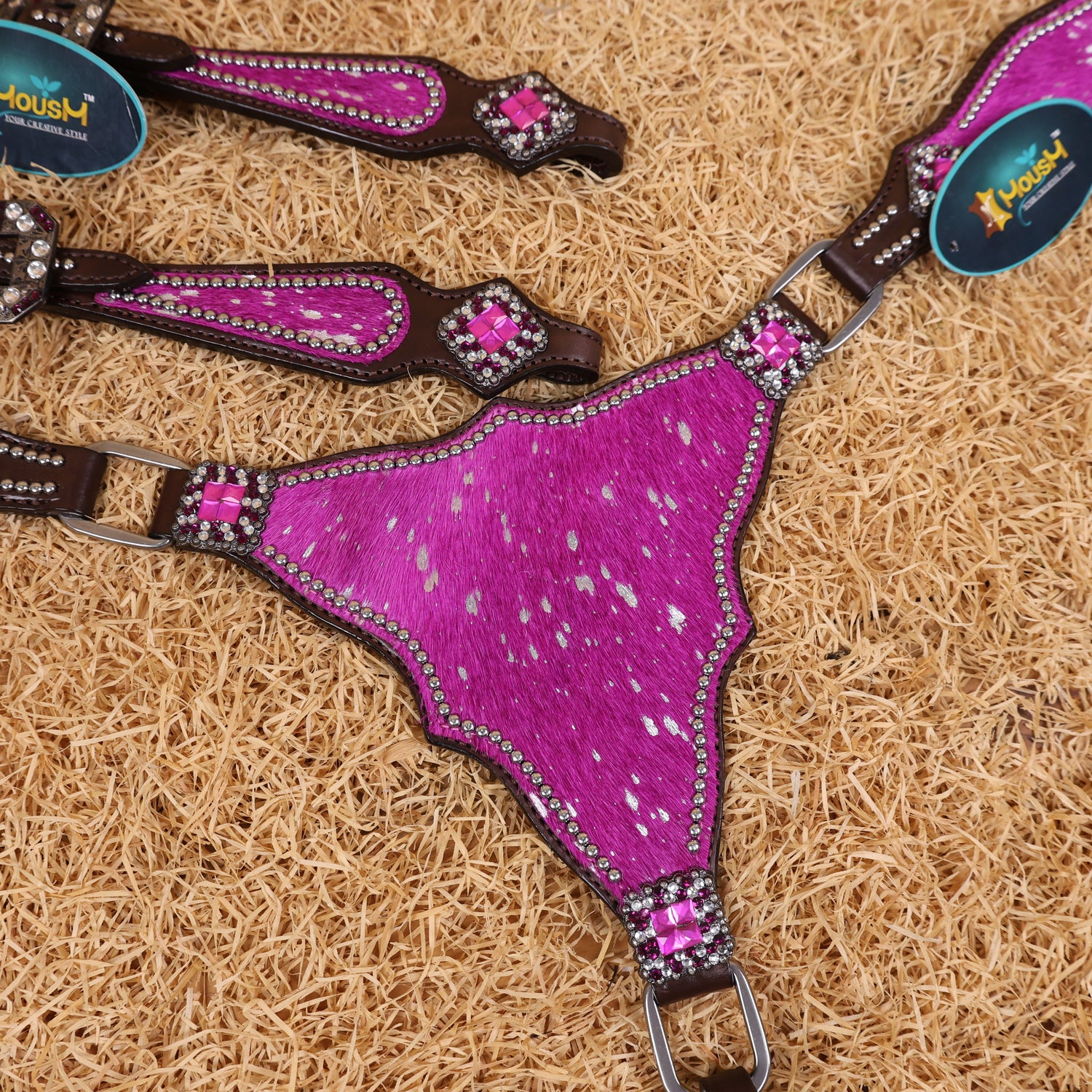 MOUSM Western Headstall &amp; Breast Collar Set – Made with Genuine Argentina Cow Leather Decorated Middle Leather Patch with Pink Silver Metallic Acid Wash Cowhide