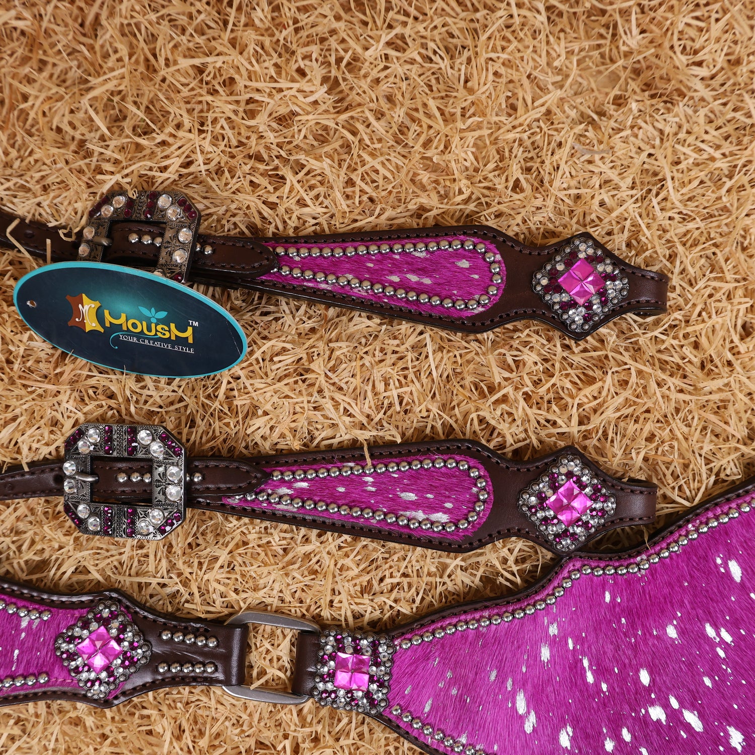 MOUSM Western Headstall &amp; Breast Collar Set – Made with Genuine Argentina Cow Leather Decorated Middle Leather Patch with Pink Silver Metallic Acid Wash Cowhide
