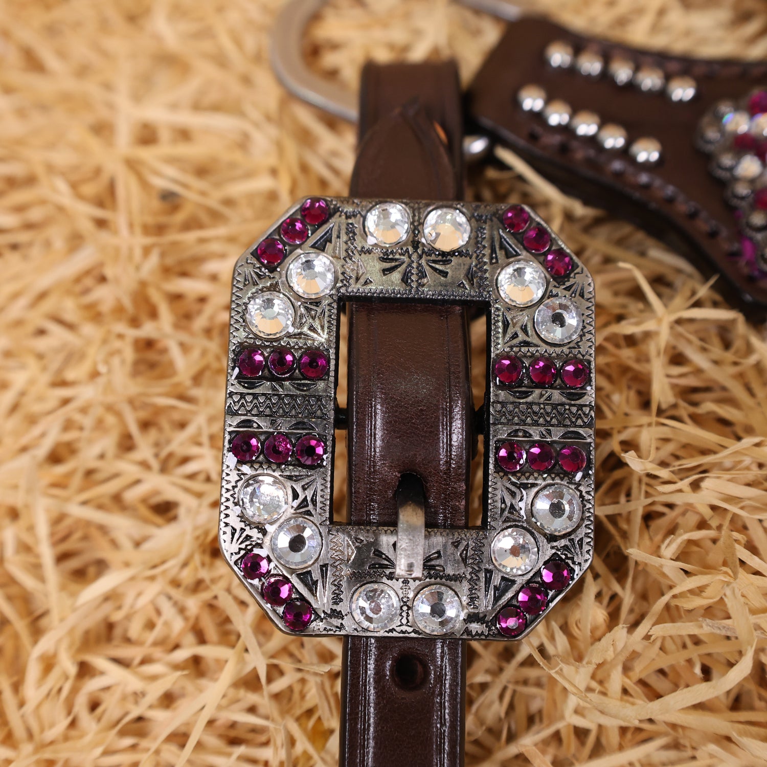 MOUSM Western Headstall &amp; Breast Collar Set – Made with Genuine Argentina Cow Leather Decorated Middle Leather Patch with Pink Silver Metallic Acid Wash Cowhide
