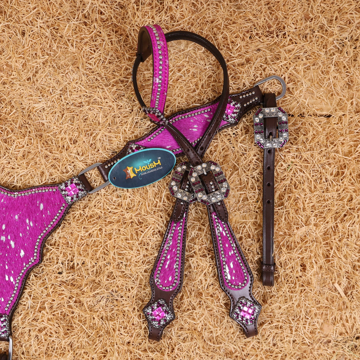 MOUSM Western Headstall &amp; Breast Collar Set – Made with Genuine Argentina Cow Leather Decorated Middle Leather Patch with Pink Silver Metallic Acid Wash Cowhide