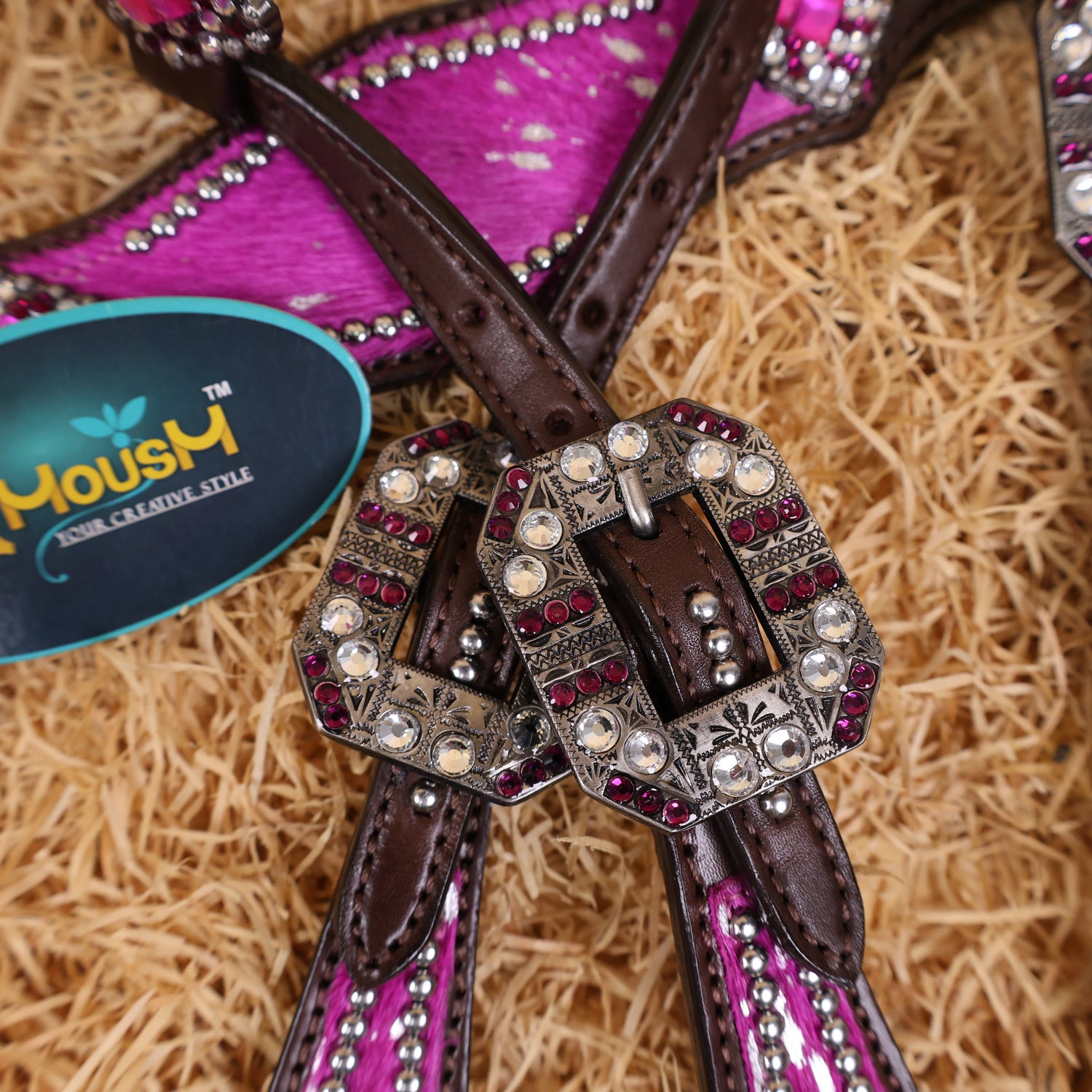 MOUSM Western Headstall &amp; Breast Collar Set – Made with Genuine Argentina Cow Leather Decorated Middle Leather Patch with Pink Silver Metallic Acid Wash Cowhide