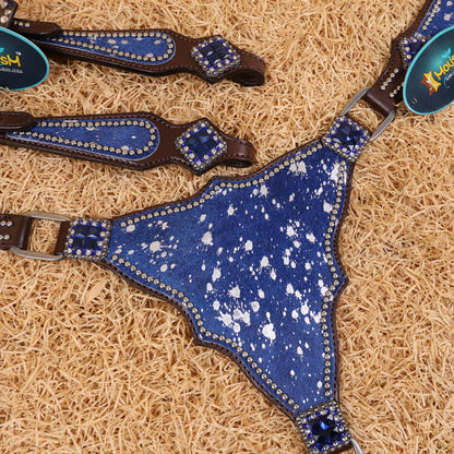 MOUSM Western Headstall &amp; Breast Collar Set – Made with Genuine Argentina Cow Leather Decorated Middle Leather Patch with Royal Blue Metallic Acid Wash Cowhide