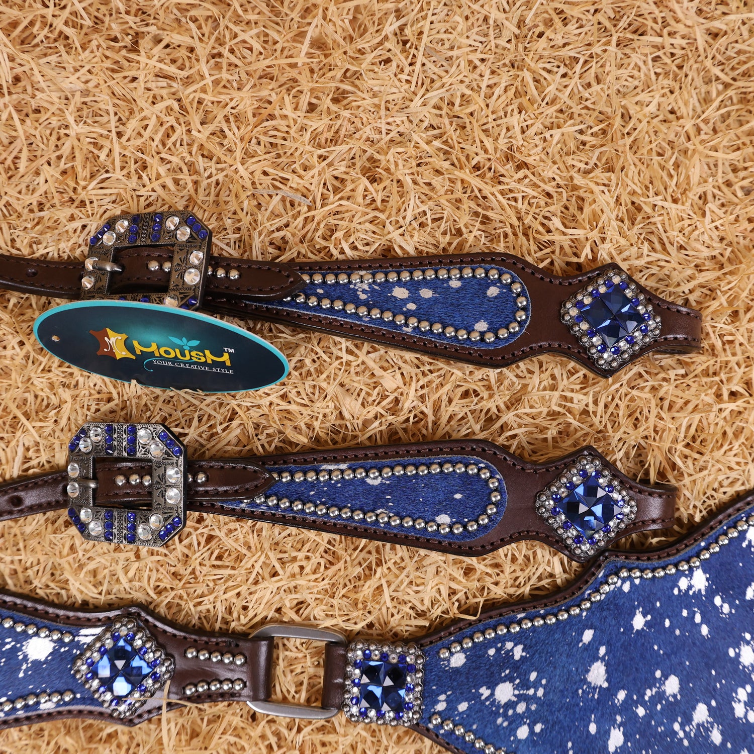 MOUSM Western Headstall &amp; Breast Collar Set – Made with Genuine Argentina Cow Leather Decorated Middle Leather Patch with Royal Blue Metallic Acid Wash Cowhide